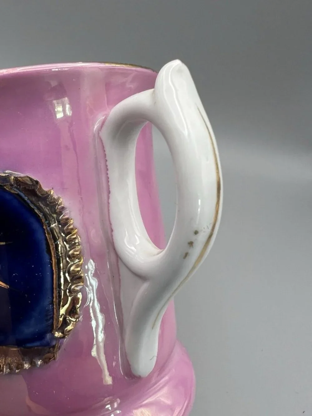 Antique German Shaving Mug Pink Lusterware 3D Fruit Gold Souvenir Ithaca NY